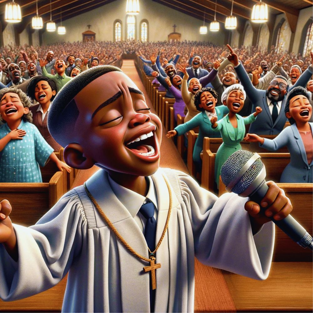 Joey in a choir robe sings with his eyes closed as the church congregation cheers