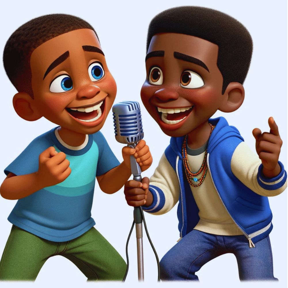 Joey and his best friend Marc sing together into one microphone